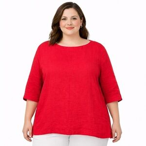 Eileen Fisher Irish Linen Top Shirt Coral Boxy 3x Boho 3/4 Sleeve Lagenlook